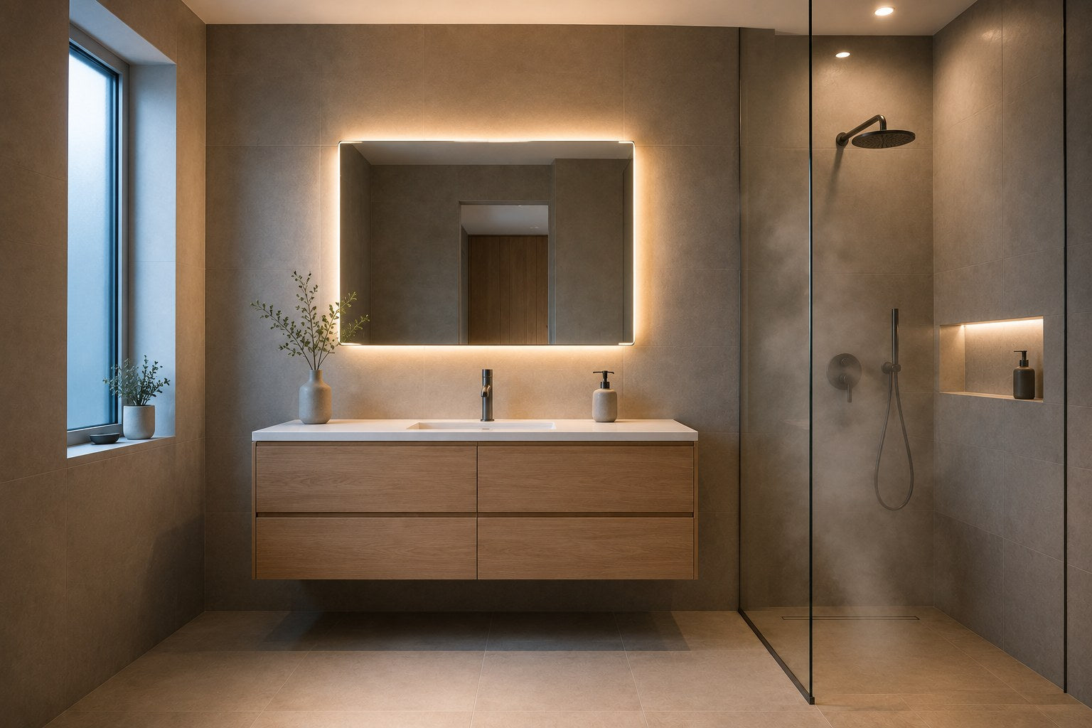 Modern bathroom with a backlit mirror and recessed shower downlights