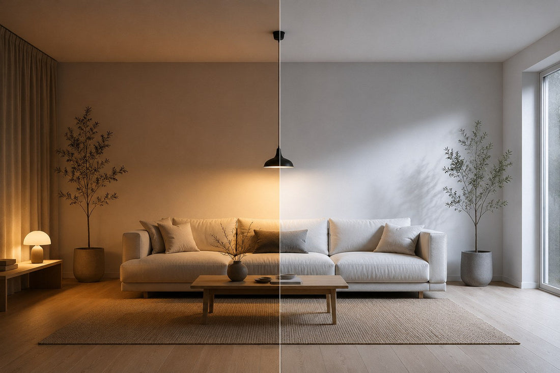 A living room shown lit in warm white on one side and neutral white on the other
