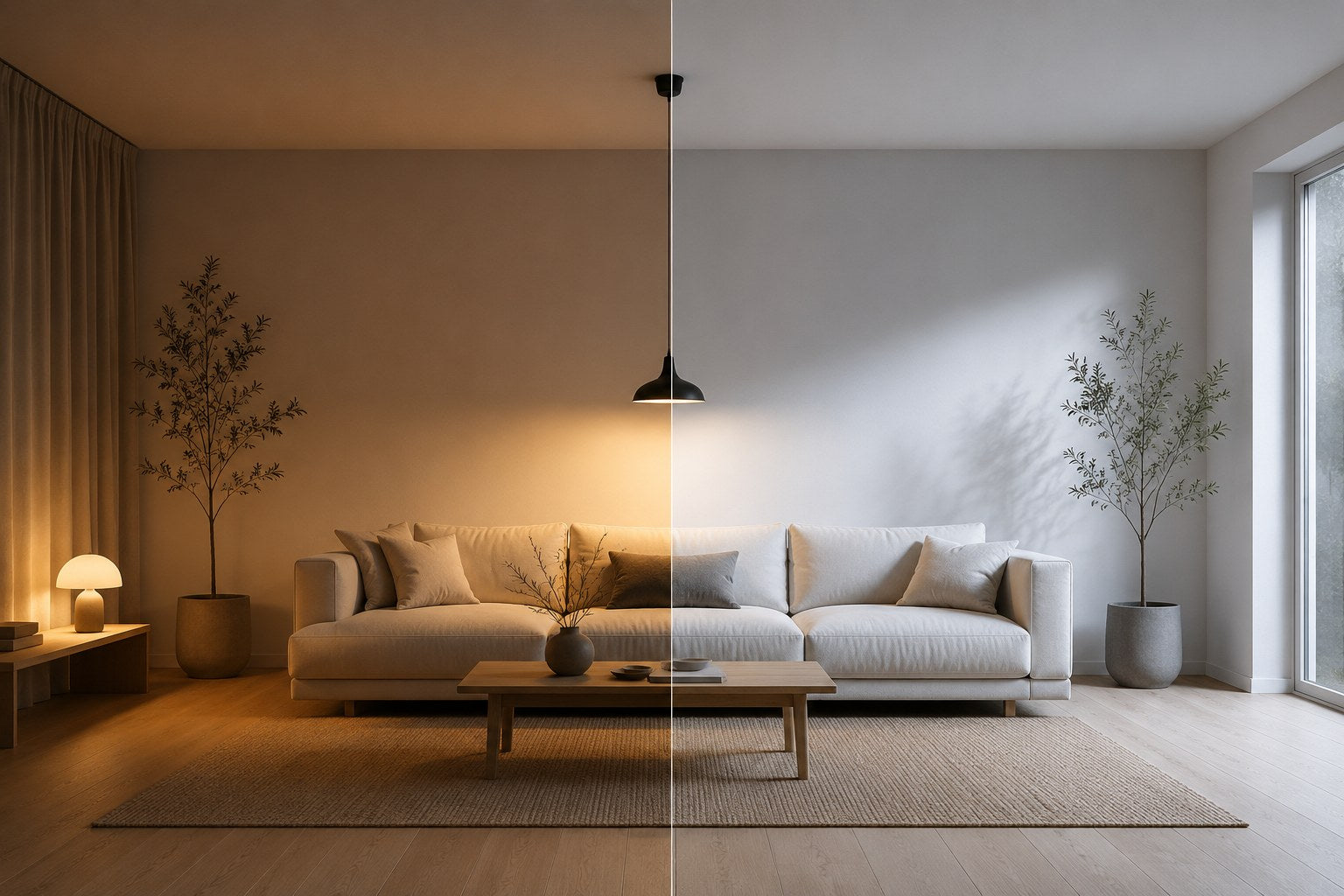 A living room shown lit in warm white on one side and neutral white on the other