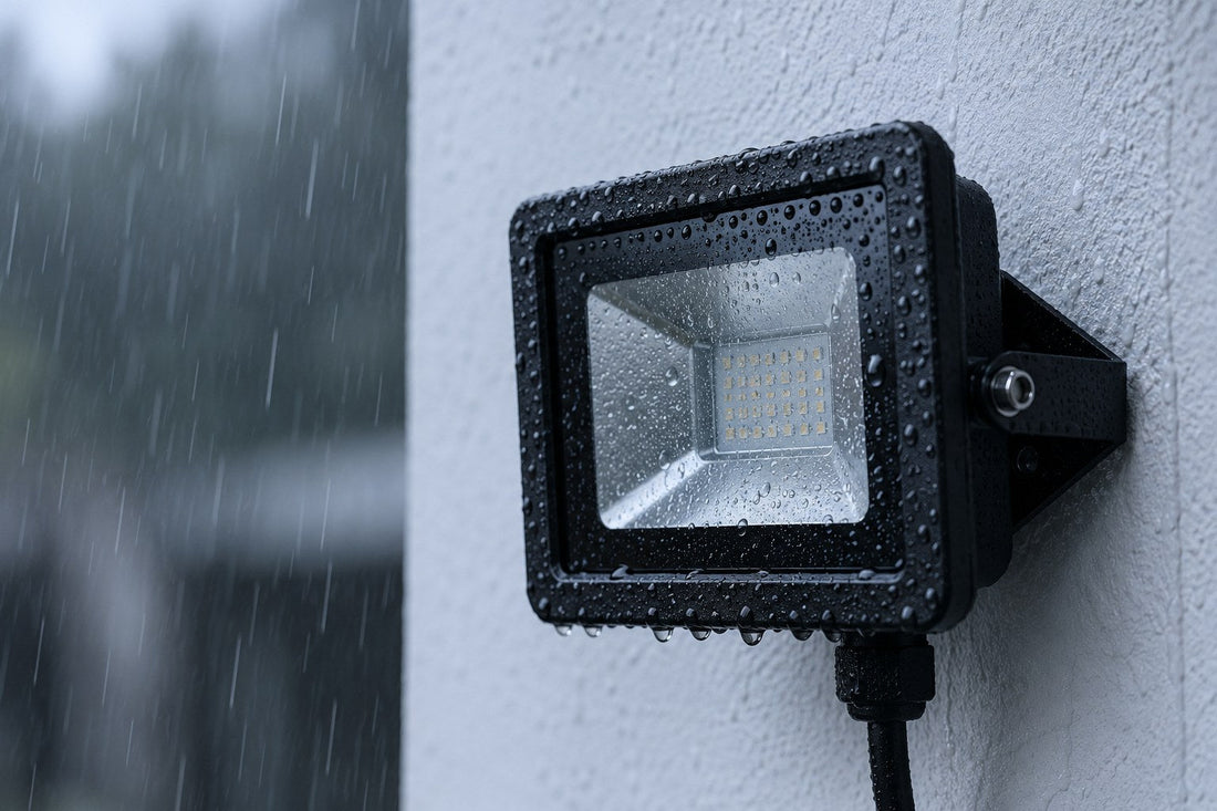 Rain beading on a sealed IP65-rated black LED floodlight