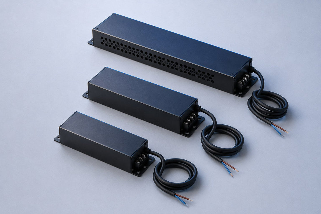 Three LED drivers of different sizes arranged in a row