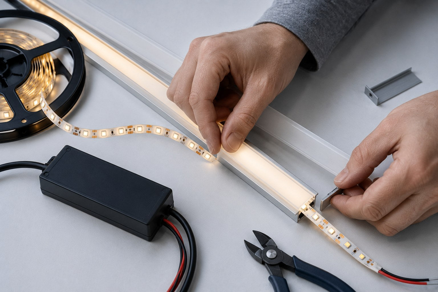 Fitting an LED strip into an aluminium profile with a diffuser