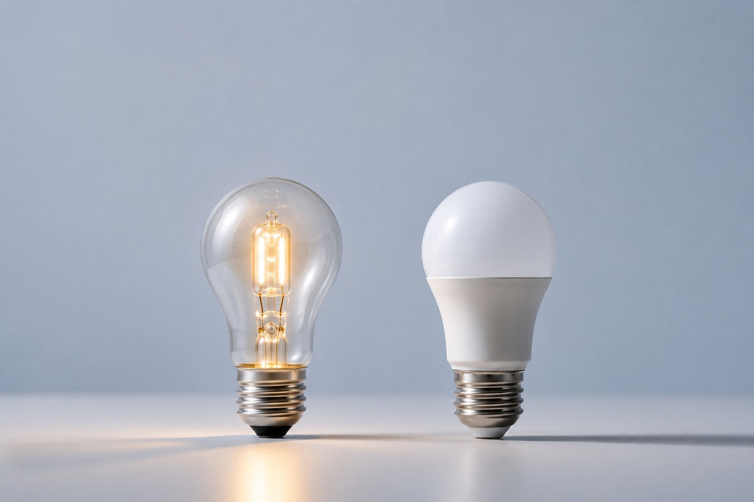 A glowing halogen bulb beside an unlit LED bulb