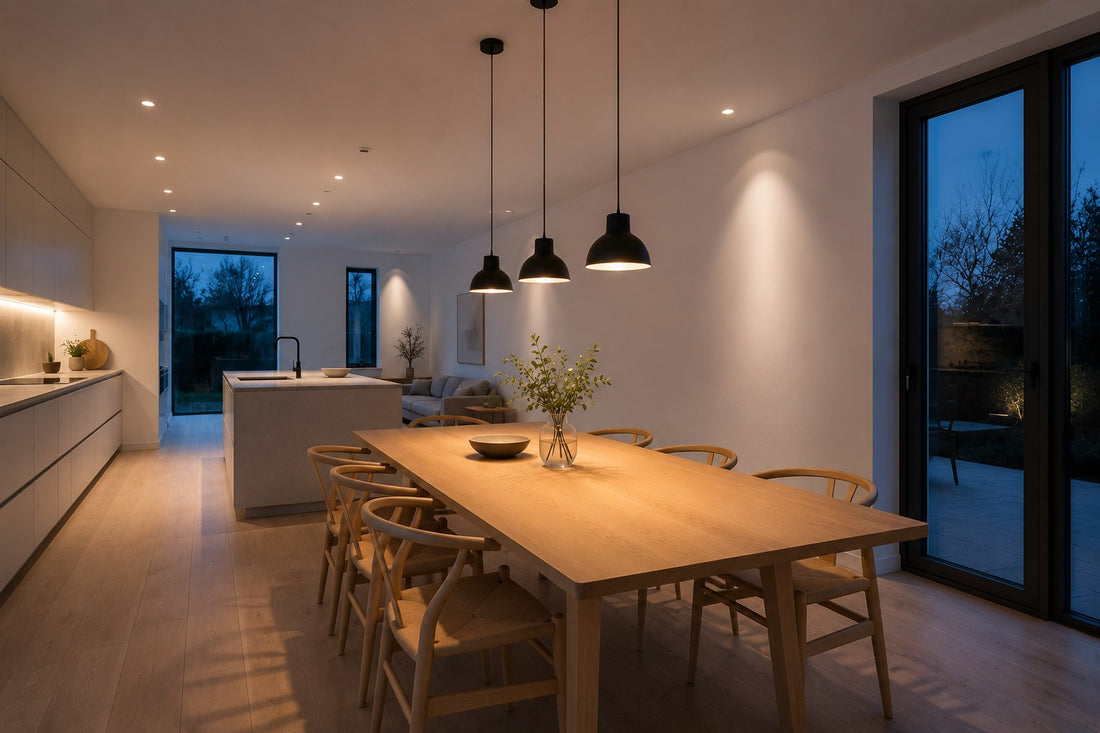 Pendant lights over a dining table in a Scandinavian kitchen at dusk