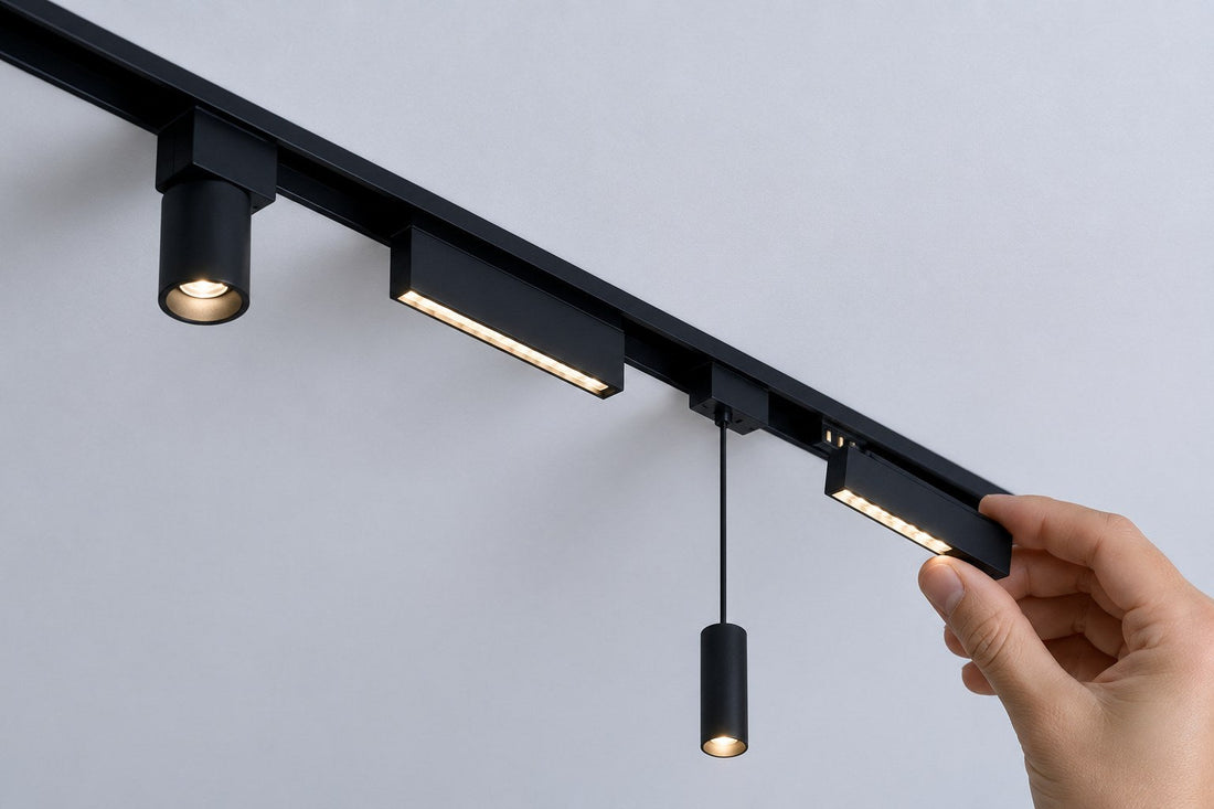 A hand clicking a light module onto a black magnetic lighting track