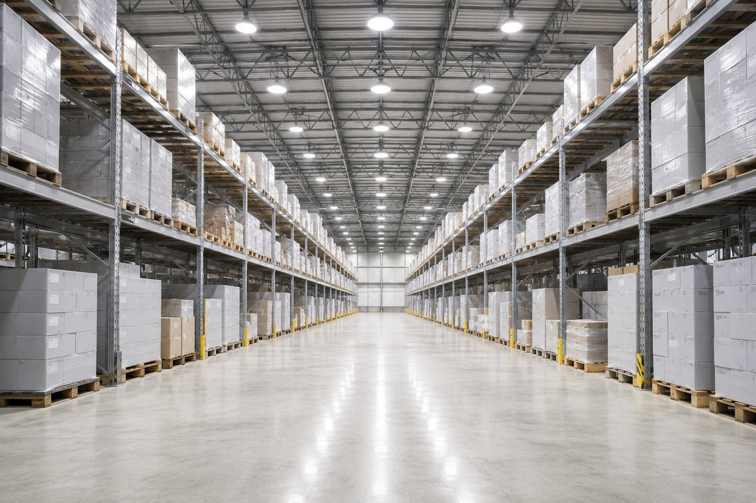 Brightly lit warehouse aisle under a grid of LED high bay fixtures