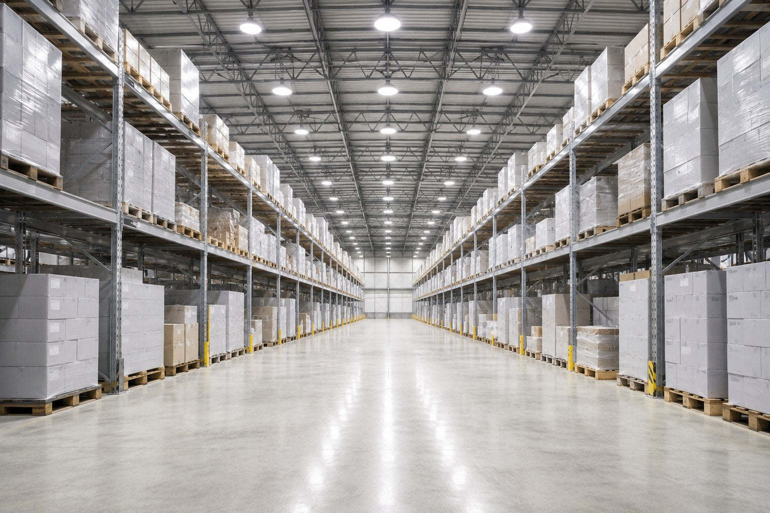 Brightly lit warehouse aisle under a grid of LED high bay fixtures