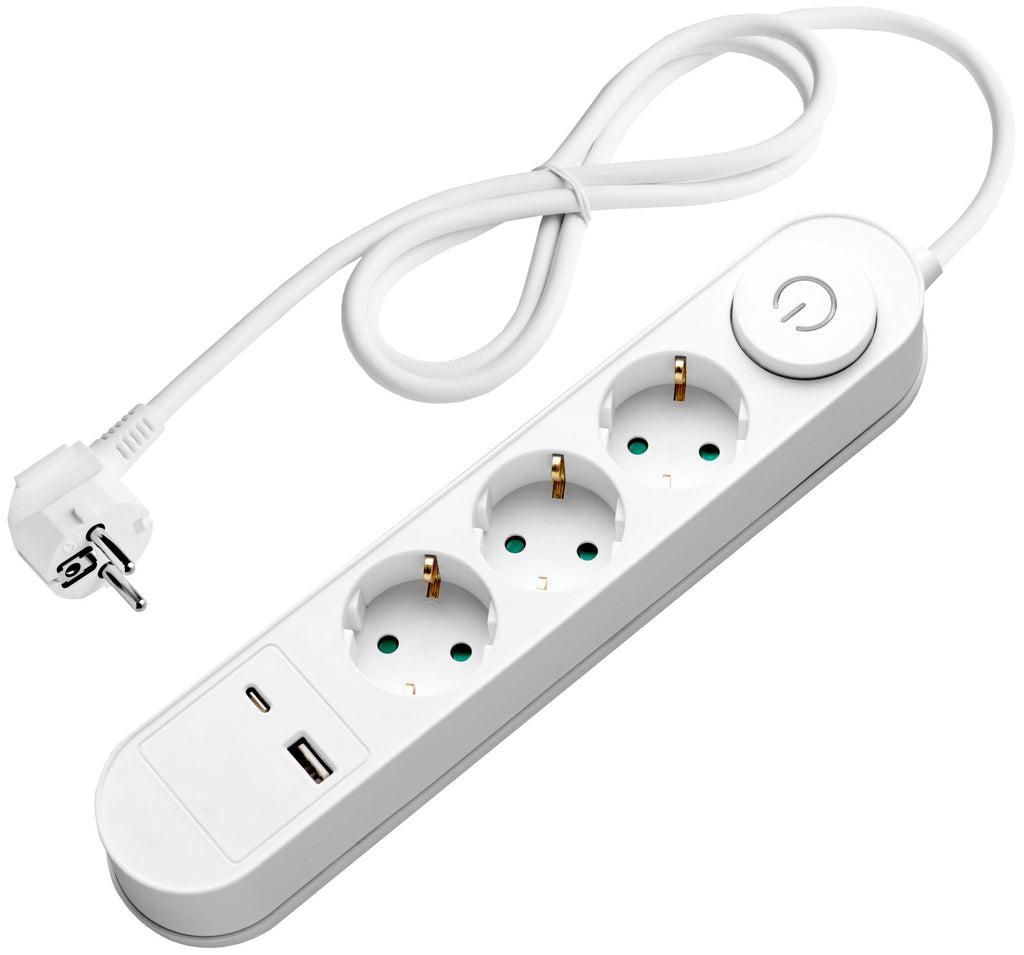 Power Strip, 3 Sockets, On/Off button, USBx2, 1.5m, Oval — image 1